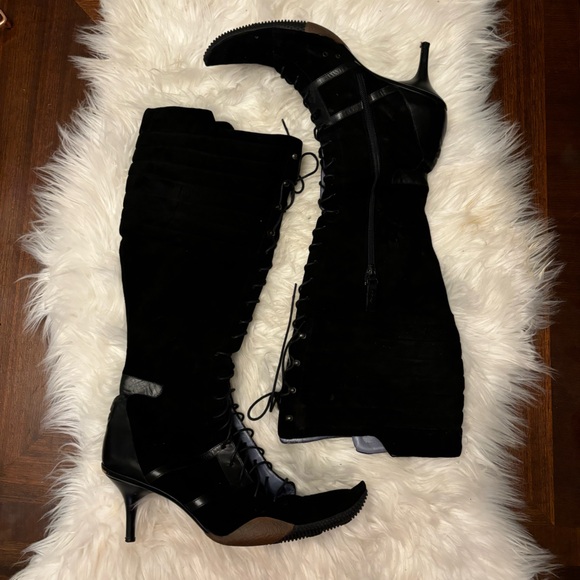 Bally Italy Tesla Black Suede Leather Lace up Heel Women's Boots Size 40 - Picture 2 of 9